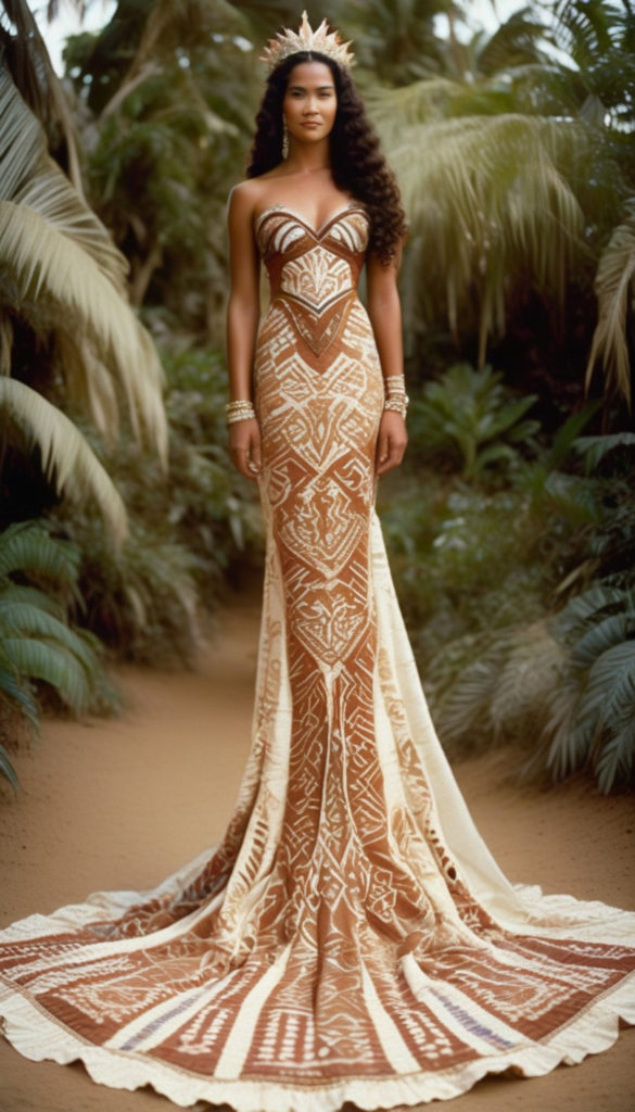 Samoan Wedding Dress Design #37 -Featuring a Fit n' Flare Silhouette with a corset or bustier-style Bodice, princess seamed skirt and narrow built-in train